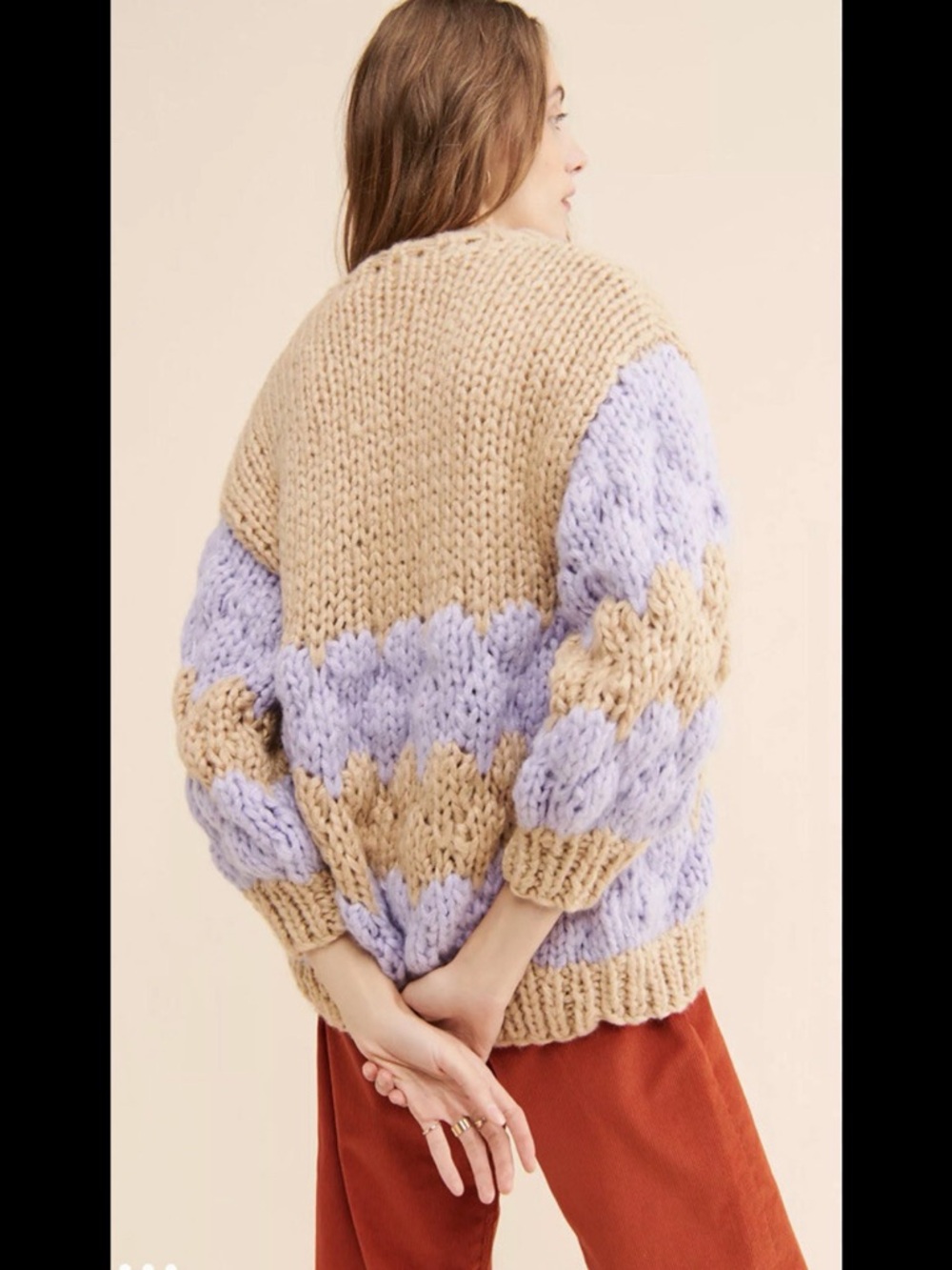 Anthropologie Beige and Lavender Chunky Knit Colorblock Cardigan - Picture 2 of 13